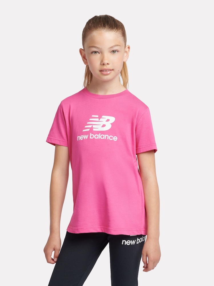 New Balance Pink Girls 100% Cotton Stacked Logo T-Shirt - Image 1 of 9