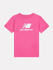 New Balance Pink Girls 100% Cotton Stacked Logo T-Shirt - Image 7 of 9