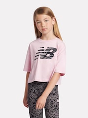 New Balance Pink Girls 100% Cotton AOP Fill Logo T-Shirt - Image 1 of 9