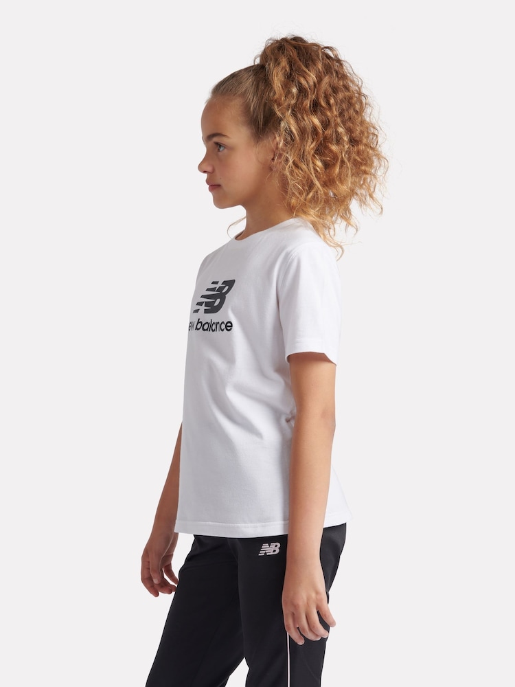 New Balance White Girls 100% Cotton Stacked Logo T-Shirt - Image 2 of 9