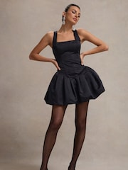 Club L London Black Bramble Satin Square-Neck Puffball Mini Dress - Image 1 of 8