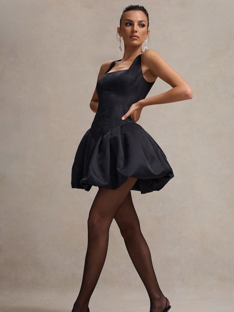 Club L London Black Bramble Satin Square-Neck Puffball Mini Dress - Image 5 of 8