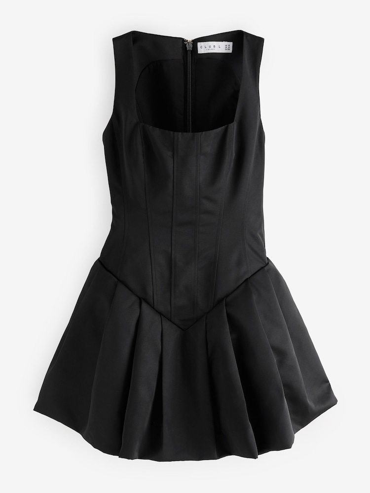 Club L London Black Bramble Satin Square-Neck Puffball Mini Dress - Image 8 of 8