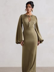 Club L London Green Wild Rose Satin Puff-Sleeve Cut-Out Maxi Dress - Image 3 of 6