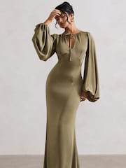 Club L London Green Wild Rose Satin Puff-Sleeve Cut-Out Maxi Dress - Image 4 of 6