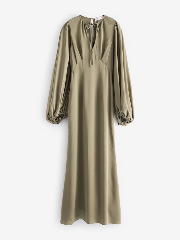 Club L London Green Wild Rose Satin Puff-Sleeve Cut-Out Maxi Dress - Image 6 of 6