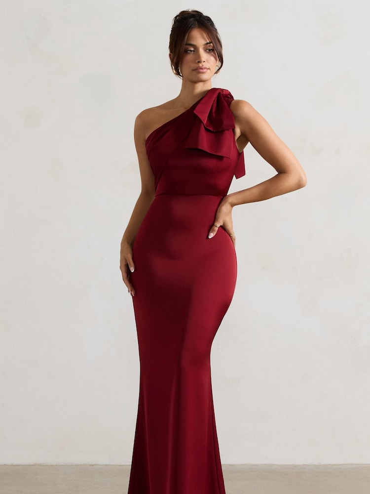 Club L London Red Lady Satin Asymmetric Maxi Dress With Bow - Image 1 of 6