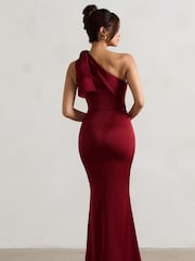 Club L London Red Lady Satin Asymmetric Maxi Dress With Bow - Image 2 of 6