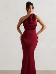 Club L London Red Lady Satin Asymmetric Maxi Dress With Bow - Image 3 of 6