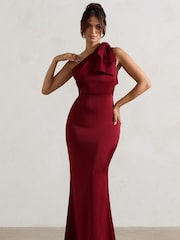 Club L London Red Lady Satin Asymmetric Maxi Dress With Bow - Image 4 of 6