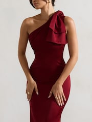 Club L London Red Lady Satin Asymmetric Maxi Dress With Bow - Image 5 of 6