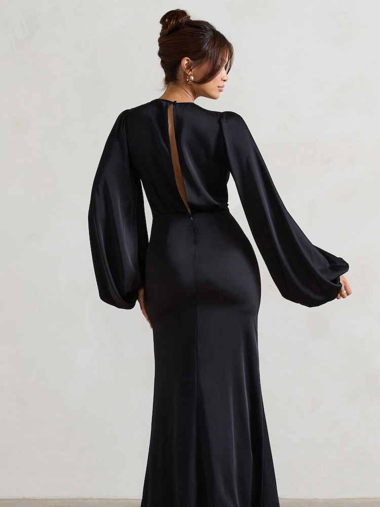 Club L London Black Wild Rose Satin Puff-Sleeve Cut-Out Maxi Dress - Image 2 of 6