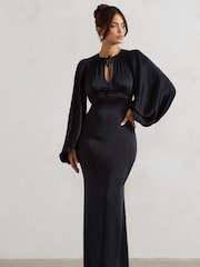 Club L London Black Wild Rose Satin Puff-Sleeve Cut-Out Maxi Dress - Image 4 of 6