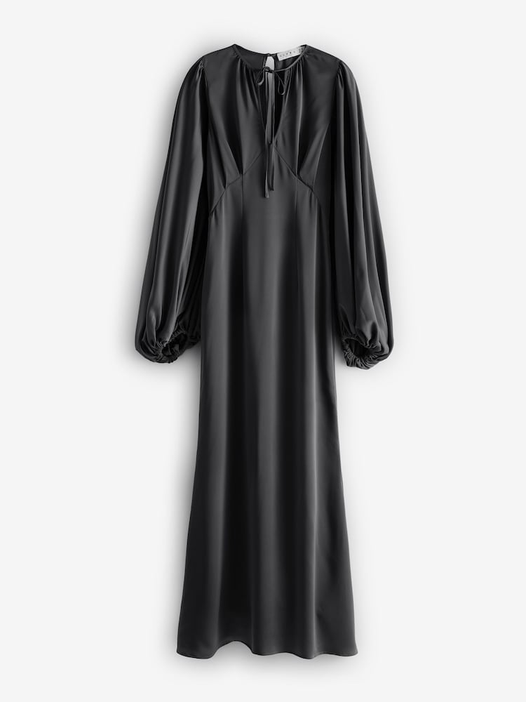 Club L London Black Wild Rose Satin Puff-Sleeve Cut-Out Maxi Dress - Image 6 of 6