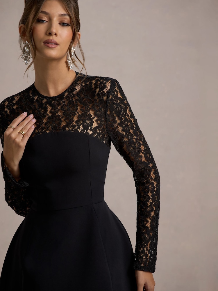 Club L London Black Mini Birdie Lace Long Sleeve Bridal Dress - Image 5 of 6
