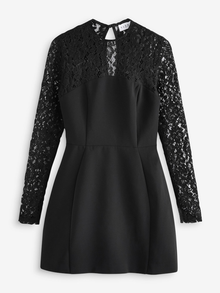 Club L London Black Mini Birdie Lace Long Sleeve Bridal Dress - Image 6 of 6