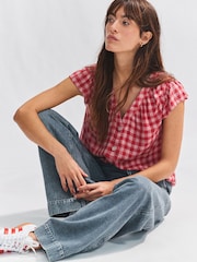 Pink/Red Gingham Button Down Ruffle Sleeve Top With Linen - Image 1 of 8