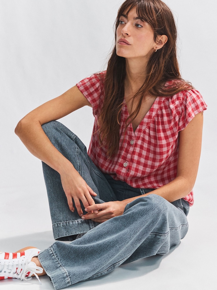 Pink/Red Gingham Button Down Ruffle Sleeve Top With Linen - Image 1 of 8