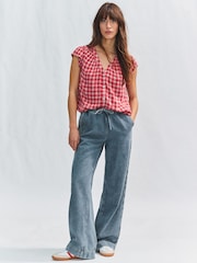 Pink/Red Gingham Button Down Ruffle Sleeve Top With Linen - Image 3 of 8
