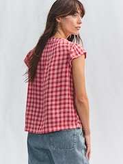Pink/Red Gingham Button Down Ruffle Sleeve Top With Linen - Image 4 of 8