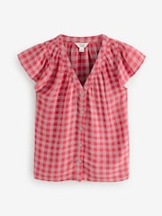 Pink/Red Gingham Button Down Ruffle Sleeve Top With Linen - Image 6 of 8