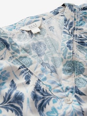 Blue Floral Print Button Down Ruffle Sleeve Top With Linen - Image 5 of 7