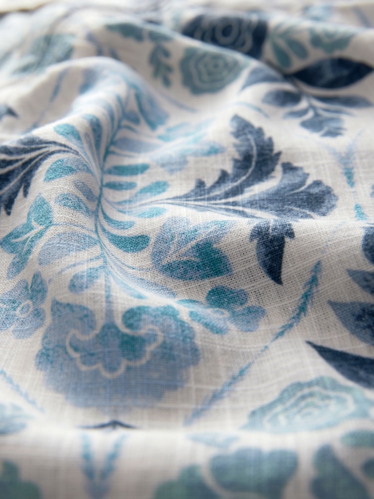 Blue Floral Print Button Down Ruffle Sleeve Top With Linen - Image 7 of 7