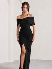 Club L London Eva Bardot-Maxikleid mit Schleifendetail und Schlitz am Oberschenkel - Bild 1 von 5