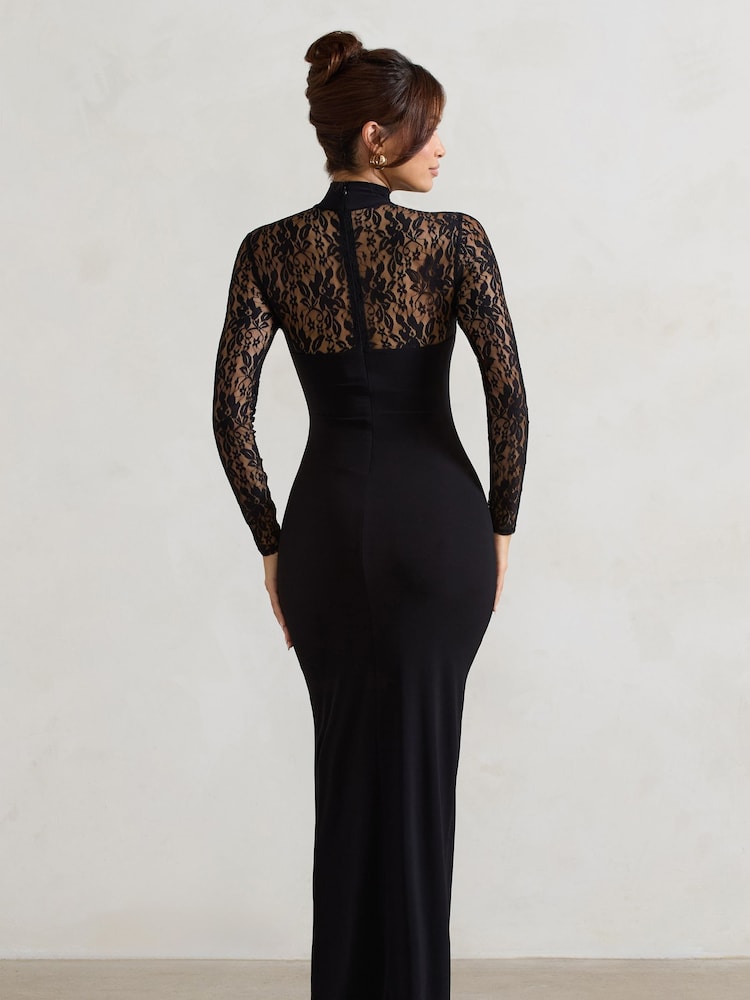 Club L London Black Arden High Neck Split Maxi Dress With Lace Sleeves - Image 2 of 6 Club L London Black Arden High Neck Split Maxi Dress With Lace Sleeves - Image 2 of 6