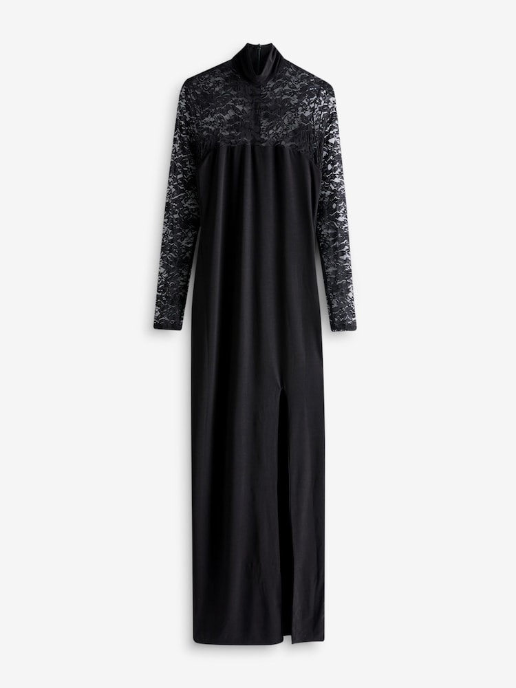 Club L London Black Arden High Neck Split Maxi Dress With Lace Sleeves - Image 6 of 6 Club L London Black Arden High Neck Split Maxi Dress With Lace Sleeves - Image 6 of 6