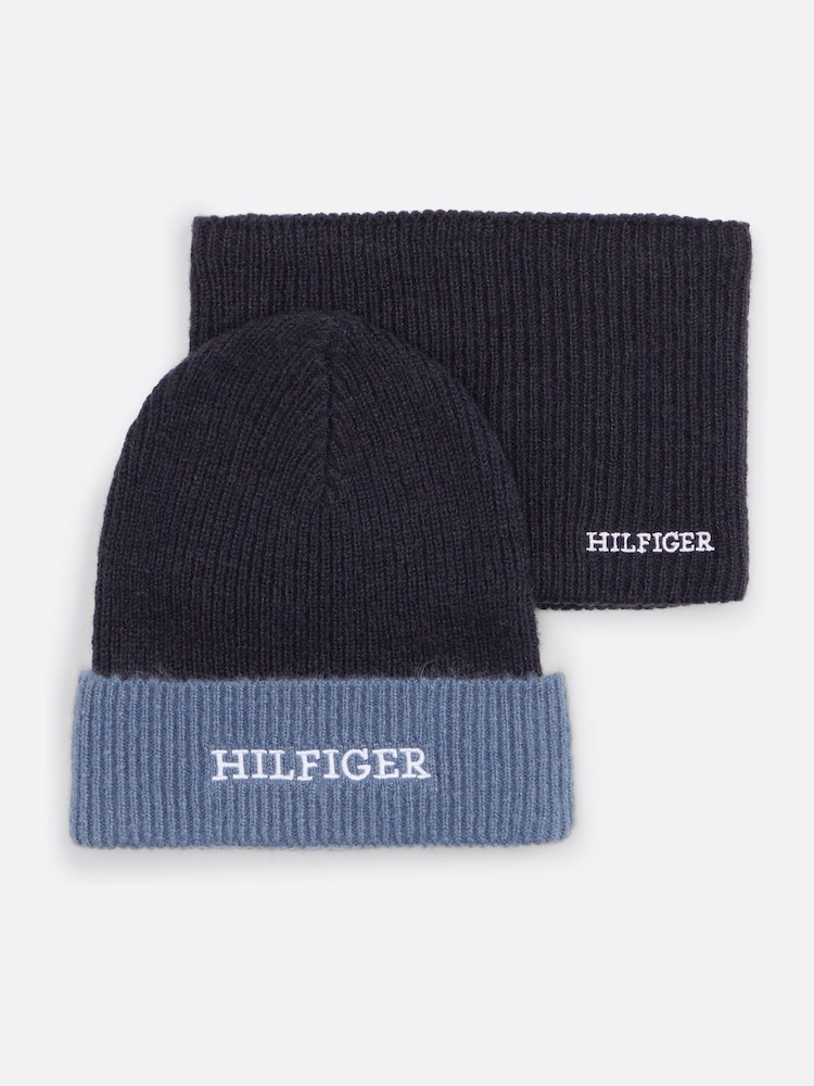 Tommy Hilfiger Blue Monotype Beanie Snood Giftpack - Image 1 of 8