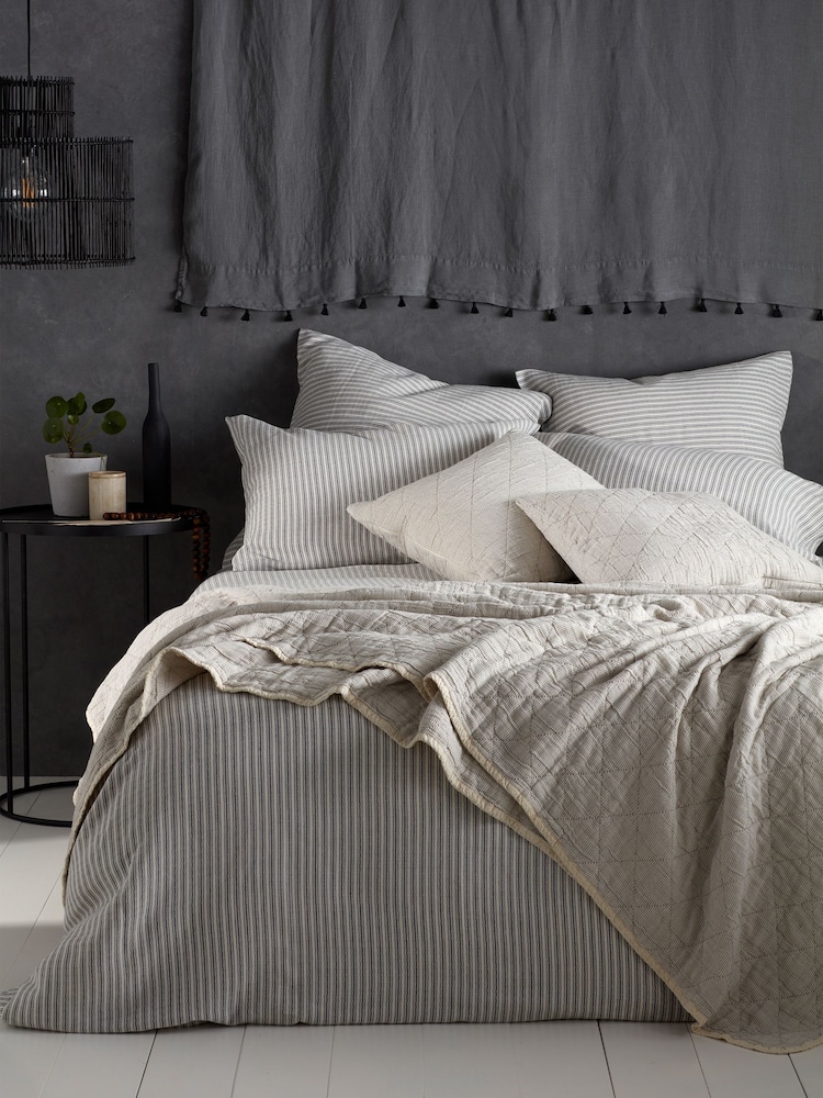Secret Linen Store Grey Ticking Stripe Cotton Linen Duvet Cover - Image 1 of 2
