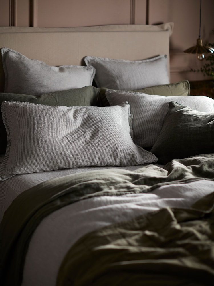 Secret Linen Store Olive Green Sid Stripe 100% Linen Pillowcase - Image 1 of 3