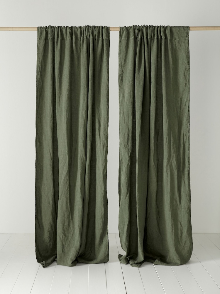 Secret Linen Store Olive Green 100% Linen Loop Top Slot Header Single Curtain - Image 1 of 2