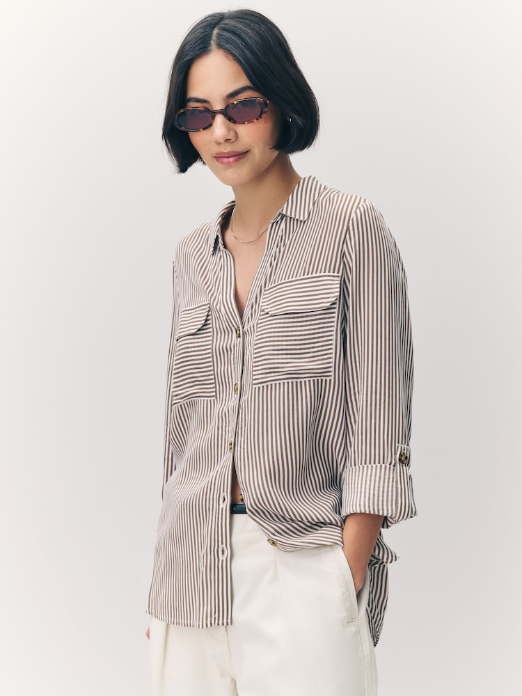 VERO MODA Brown Tortoise Button Stripe Shirt - Image 1 of 7