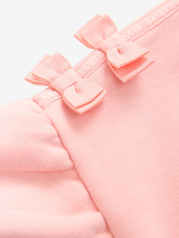 Baker by Ted Baker Peach Pink Bow Sweat 100% Cotton Top & Shorts Set 2 Piece - Image 4 of 6