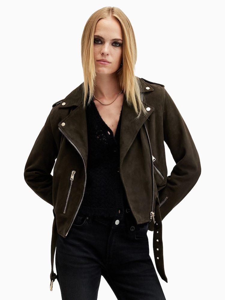 AllSaints Green Suede Balfern Biker jacket - Image 1 of 9