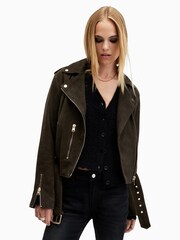 AllSaints Green Suede Balfern Biker jacket - Image 6 of 9