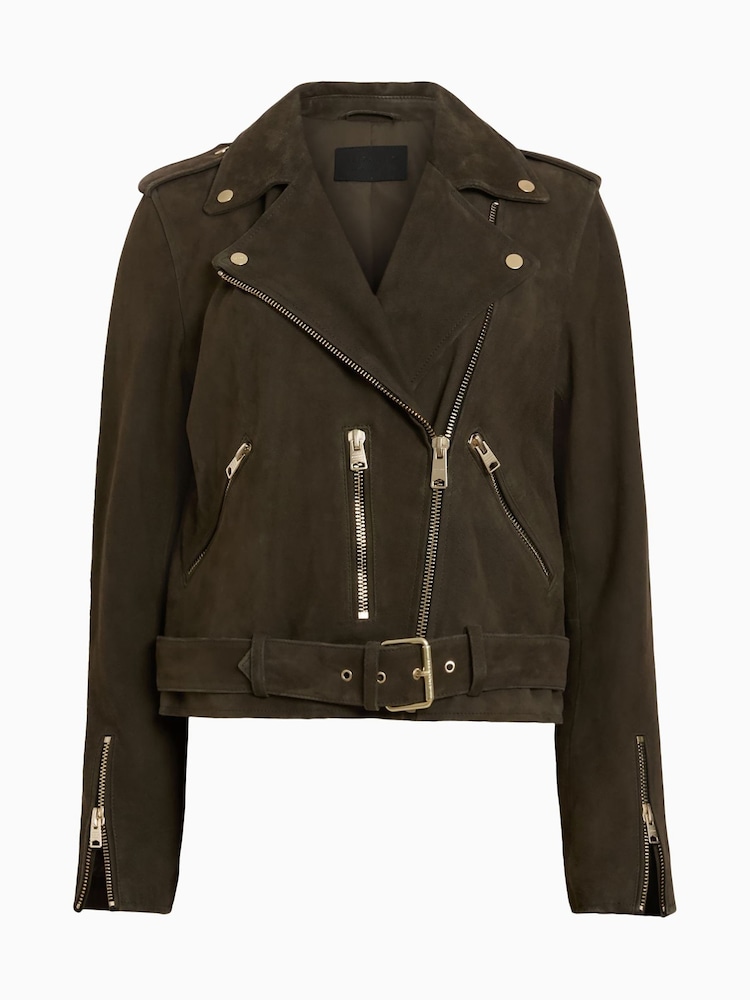AllSaints Green Suede Balfern Biker jacket - Image 9 of 9