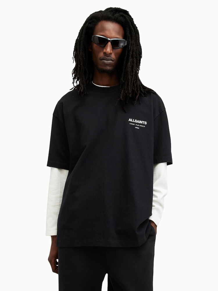 AllSaints Black Underground Oversized Cotton Crew Neck T-Shirt - Image 1 of 8 AllSaints Black Underground Oversized Cotton Crew Neck T-Shirt - Image 1 of 8