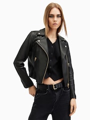 AllSaints Black/Gold Dalby Biker Jacket - Image 1 of 9