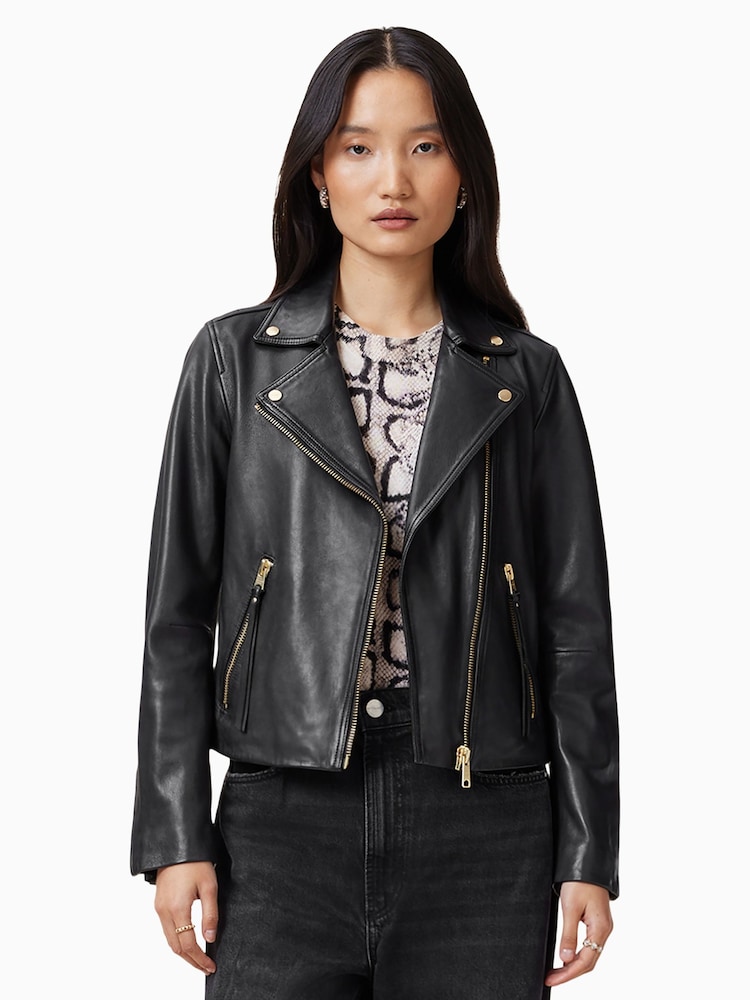 AllSaints Black/Gold Dalby Biker Jacket - Image 1 of 7 AllSaints Black/Gold Dalby Biker Jacket - Image 1 of 7