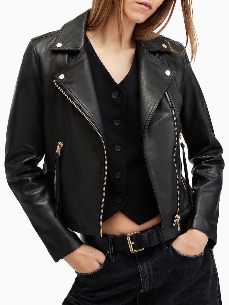 AllSaints Black/Gold Dalby Biker Jacket - Image 2 of 7 AllSaints Black/Gold Dalby Biker Jacket - Image 2 of 7