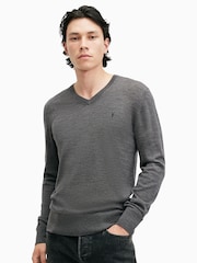 AllSaints Grey Mode Merino V-Neck Knit Jumper - Image 1 of 6