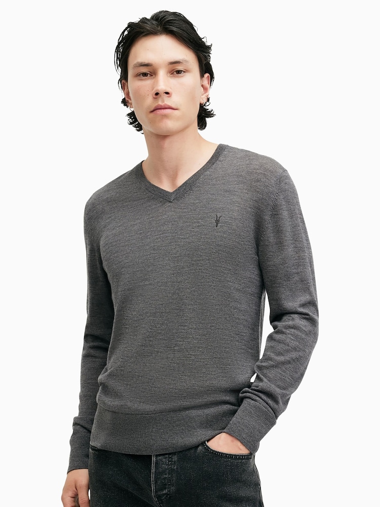 AllSaints Grey Mode Merino V-Neck Knit Jumper - Image 1 of 6