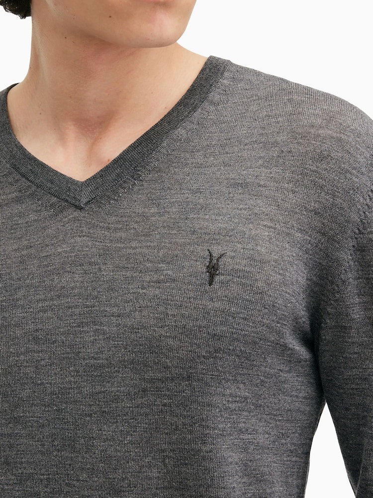 AllSaints Grey Mode Merino V-Neck Knit Jumper - Image 4 of 6