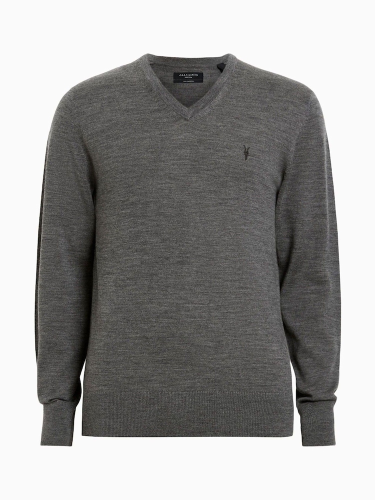 AllSaints Grey Mode Merino V-Neck Knit Jumper - Image 6 of 6