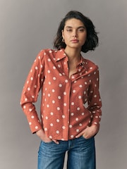 Orange Spot Print Long Sleeve Button Down Shirt - Image 1 of 7