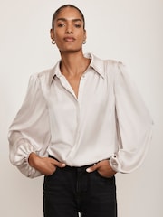 Mint Velvet Cream Beige Silk Mix Blouson Top - Image 1 of 4