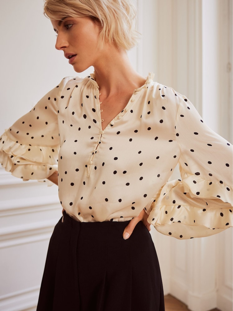 Mint Velvet Cream Polka Dot Print Ruffle Blouse - Image 1 of 4